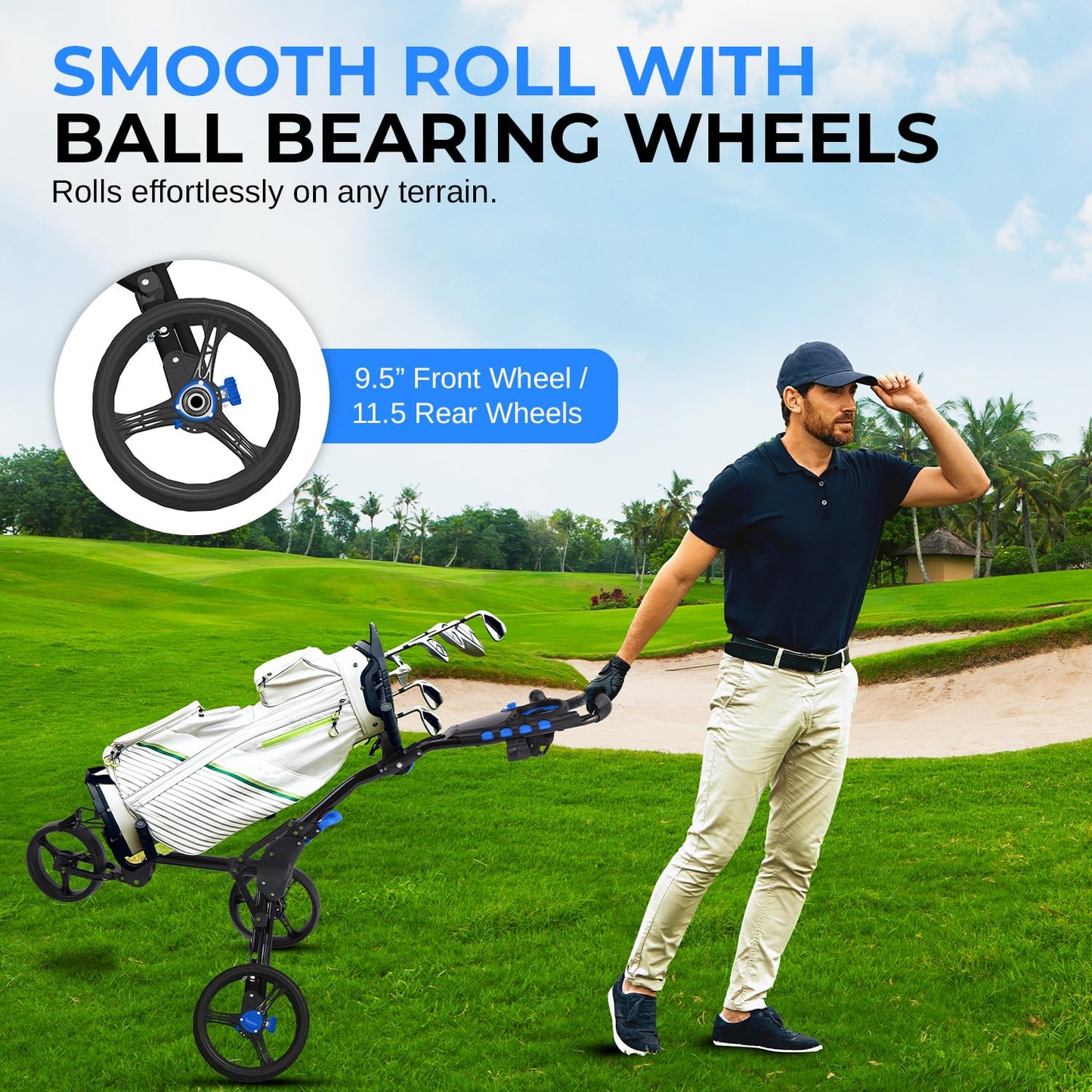 SereneLife Foldable 3-Wheel Golf Push Cart with Ergonomic Handle – Lightweight Aluminum Frame, Quick Fold, Deluxe Scorecard & Cup Holder, Umbrella Storage – Easy to Push & Store – Black Golf Caddy