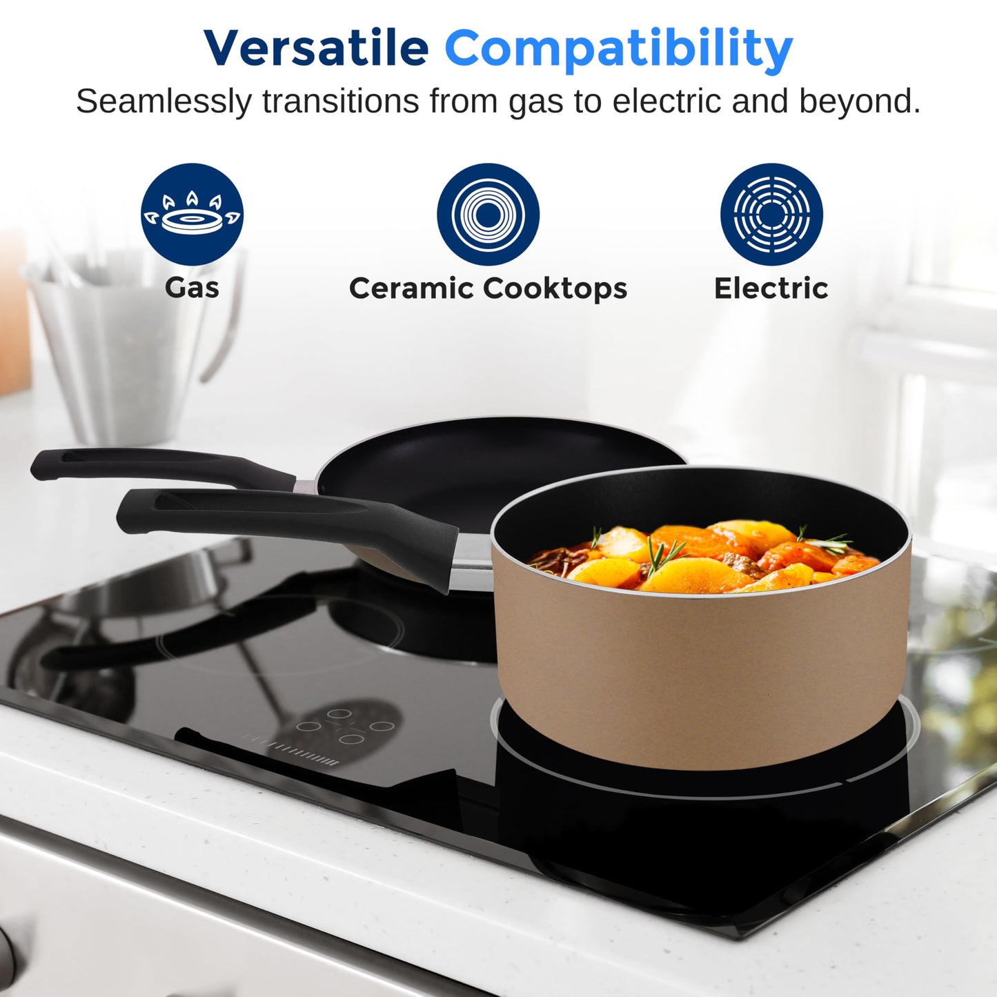 SereneLife 6-Piece Pots and Pans Set – Nonstick Cookware, Black Coating, Heat-Resistant, Dishwasher safe, Includes Fry Pans, Saucepans with Lids, Color Gold