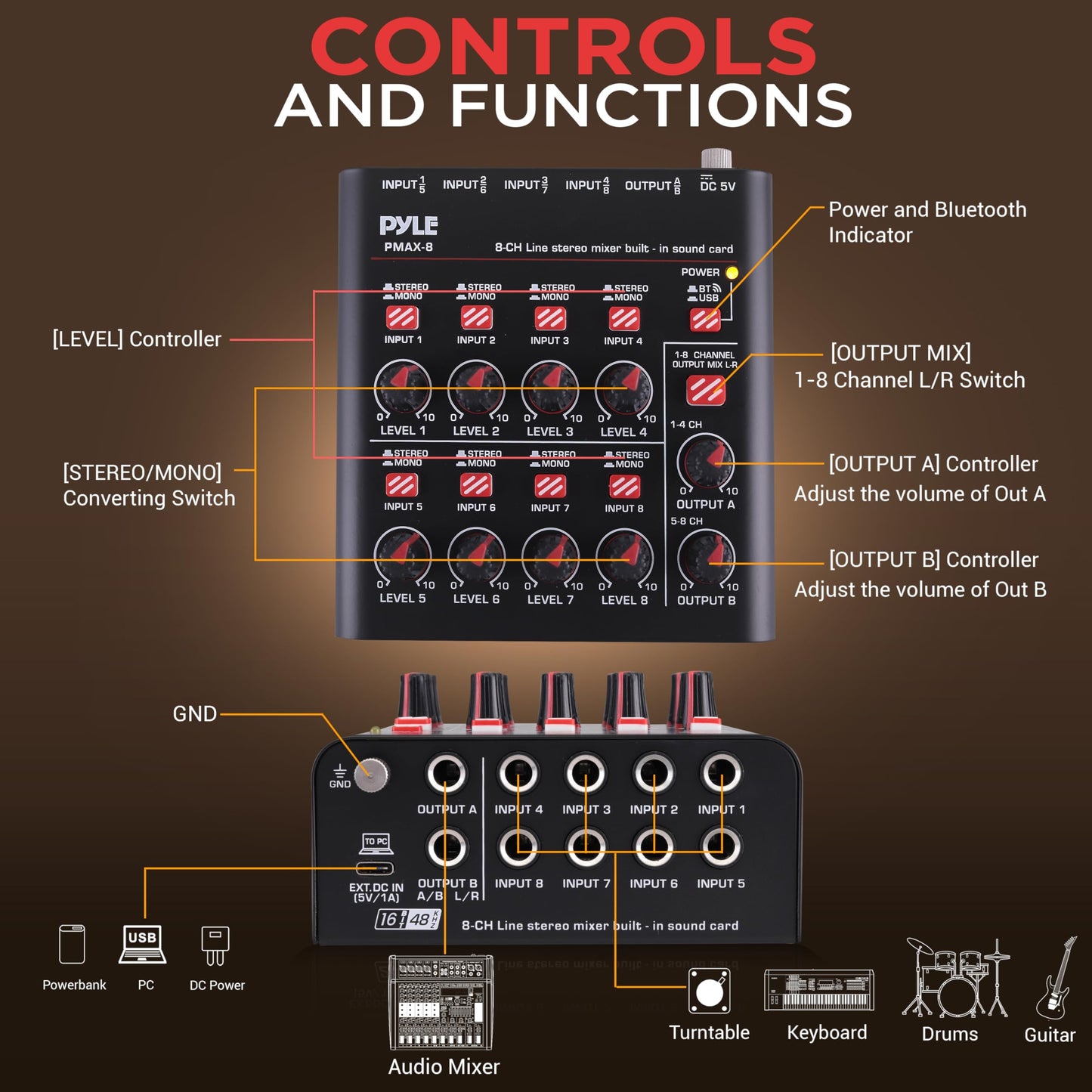 Pyle 8-Channel Wireless BT Streaming Mini Line Mixer with USB Audio Interface - 8 Mono/Stereo Switching Inputs | Ultra-low Noise Design with High Headroom | Built-in USB Sound Card - PMAX8