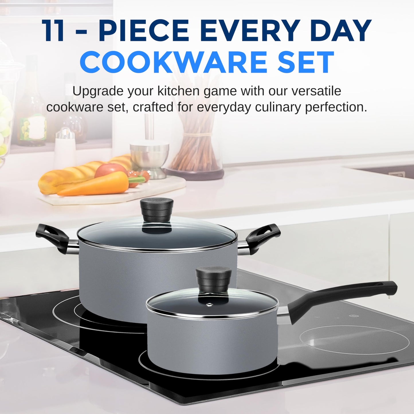 SereneLife Kitchenware Pots & Pans Basic Kitchen Cookware, Black Non-Stick Coating Inside, Heat Resistant Lacquer (11-Piece Set), One Size, Gray