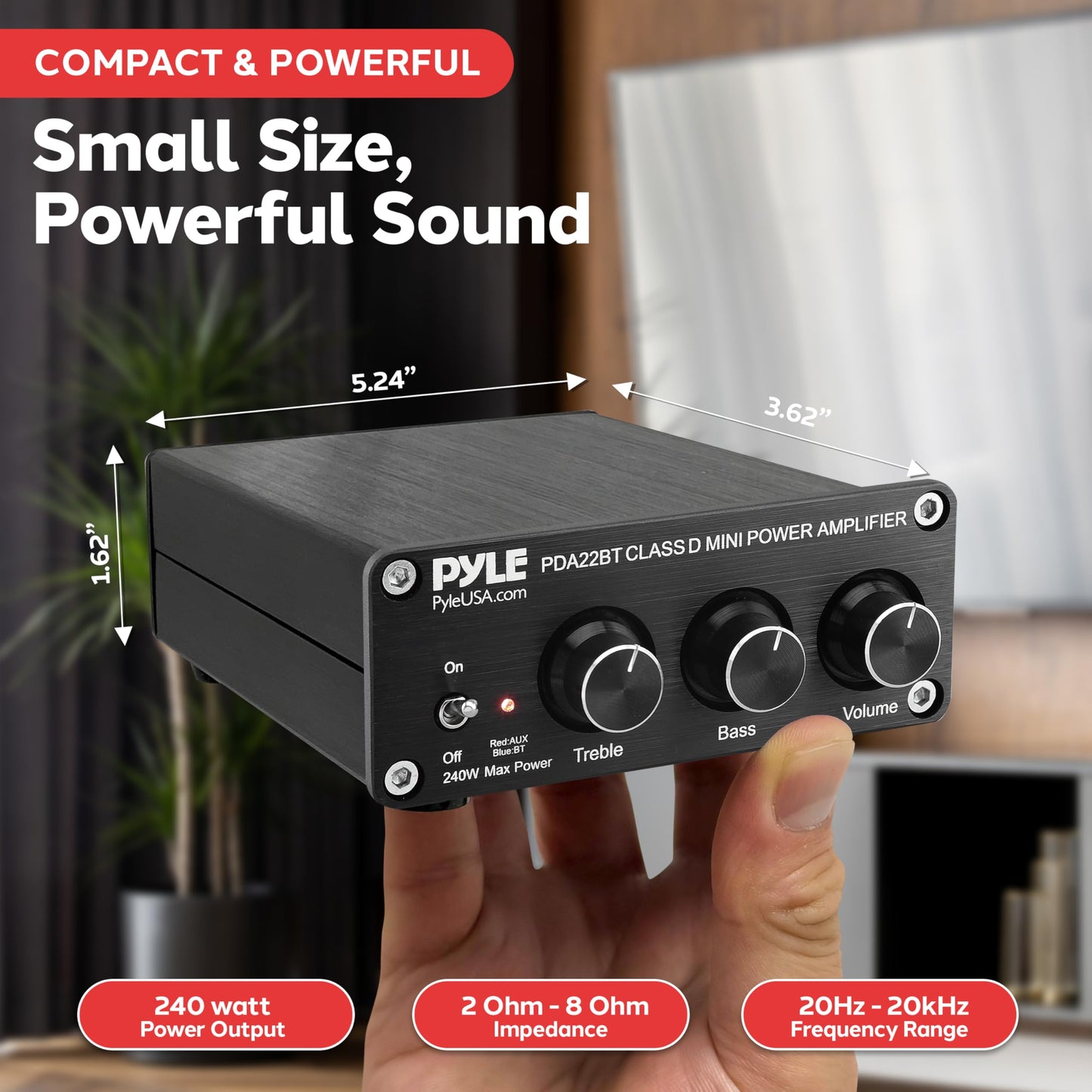 Pyle 200W Bluetooth 5.0 Portable Home Stereo Amplifier - 2 Channel Compact Wireless Mini Receiver with Bass & Treble Control - for Indoor - Outdoor - Garage - Desktop - Portable Speaker - PDA22BT
