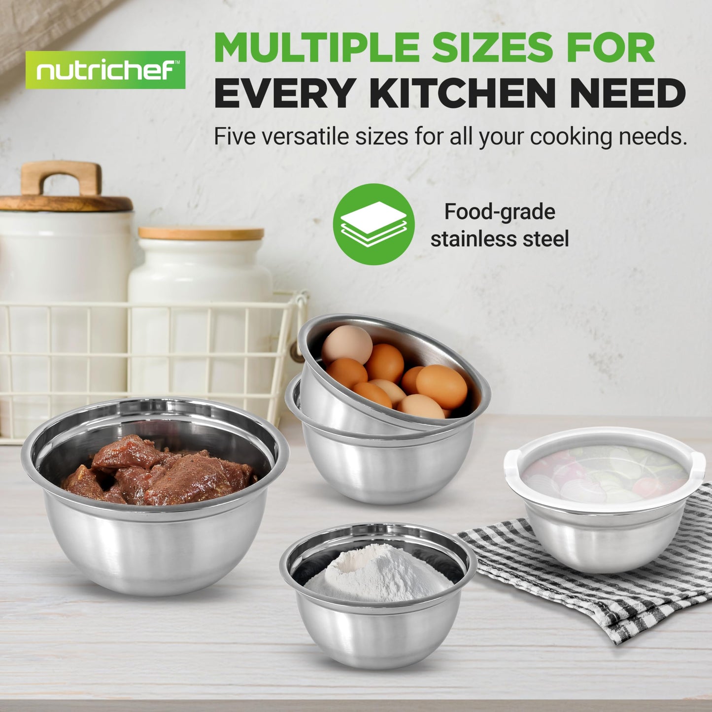 NutriChef 10 Piece Stainless Steel Mixing Bowls with Airtight Lids, Dishwasher Safe, 5 Stackable Nesting Bowls and 5 BPA-Free Lids for Kitchen, Cooking, Food Storage, Meal Prepping, Mixing & Serving