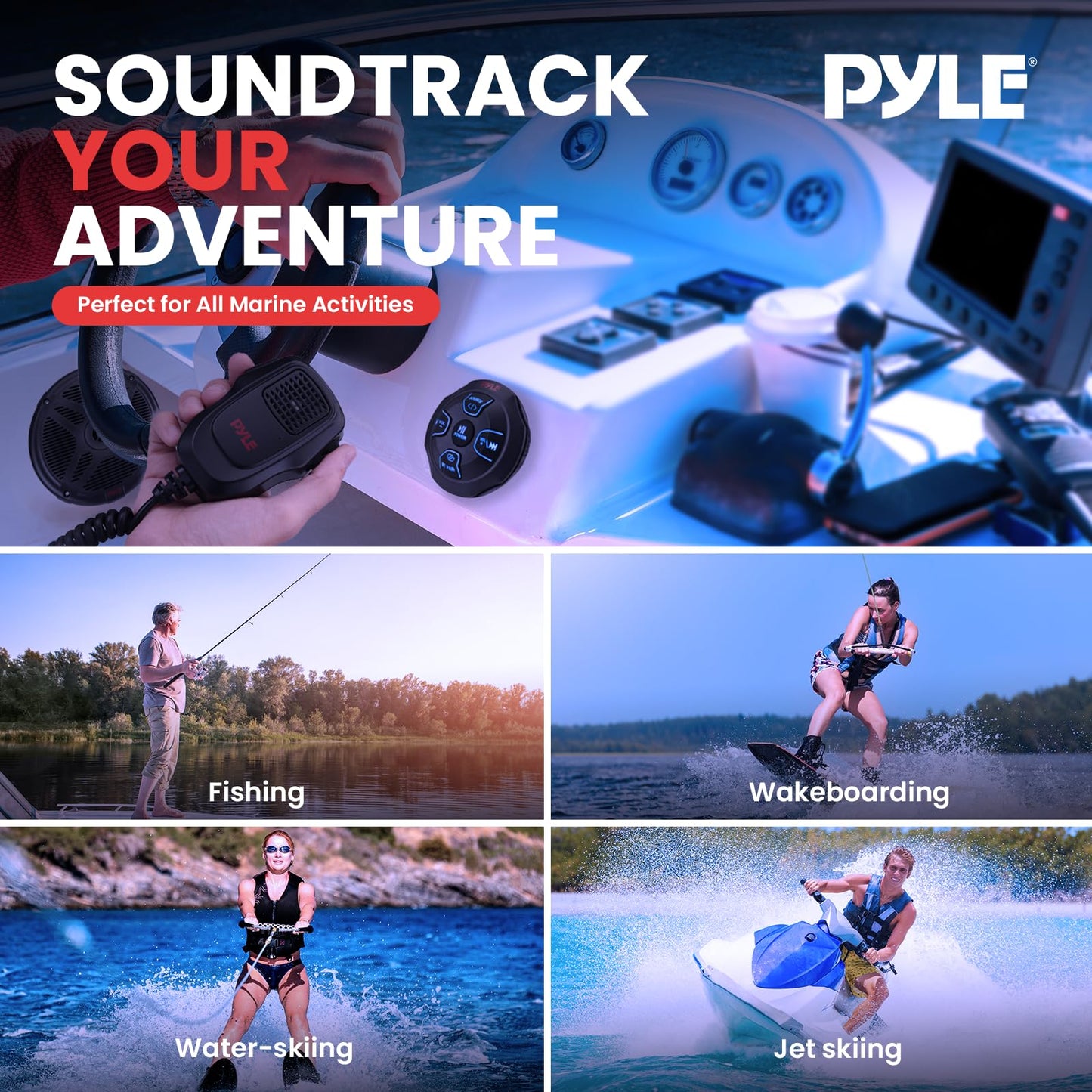Pyle Marine Bluetooth Receiver Speaker Kit - Waterproof Audio Entertainment System Set w/Dual 6.5" Boat Speakers, Wireless BT Controller, Compact Handheld Broadcasting Microphone (Black)