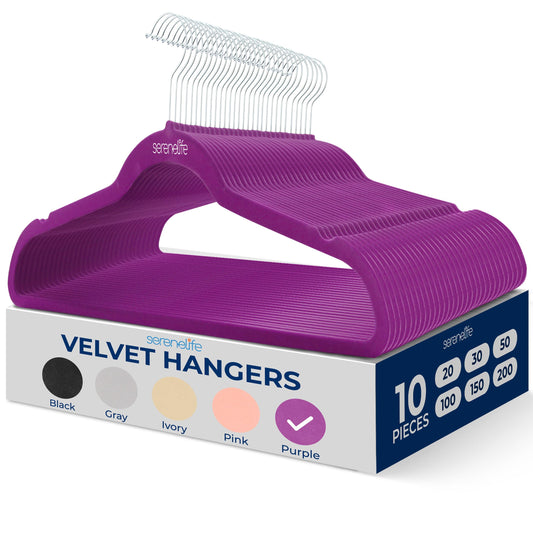 SereneLife 10 Pack Velvet Hangers - Non-Slip with 360° Swivel Hook - Ultra-Thin, Lightweight Velvet Hangers for Shirts, Sweaters, Hoodies, Kids Clothes & Dresses - Space-Saving