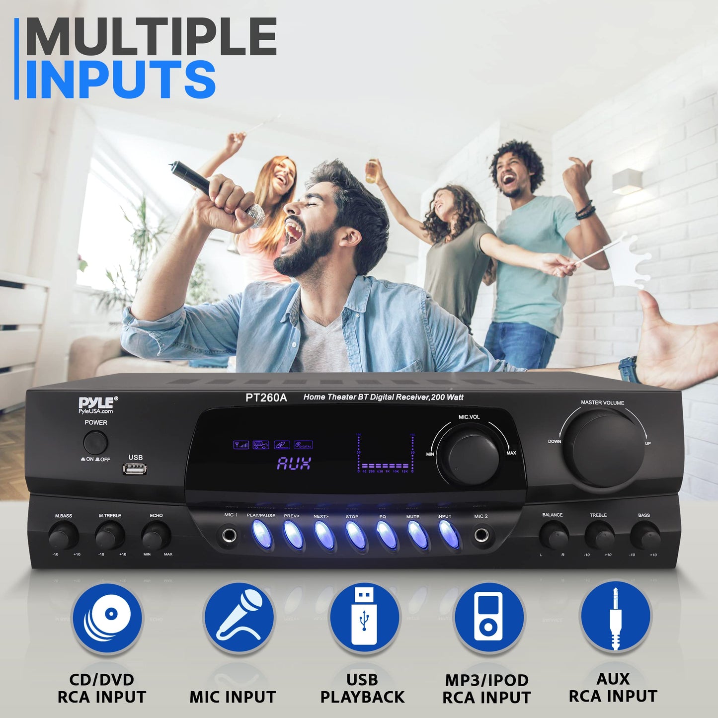 Pyle 200W Home Audio Power Amplifier - Stereo Receiver with AM/FM Tuner - 2 Mic Inputs with Echo - Digital Display - EQ Controls - Remote Control - Ideal for Karaoke & Home Entertainment - PT260A