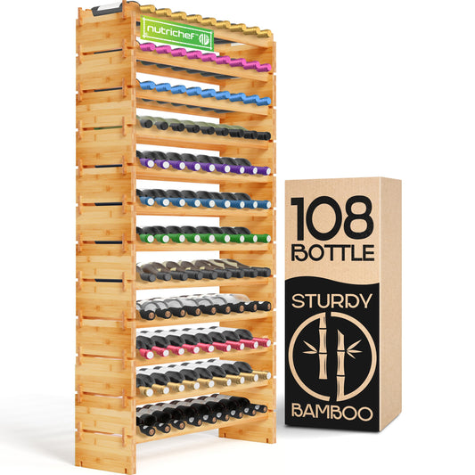 NutriChef Bamboo Stackable Wine Rack, 12-Tier 108 Bottle Capacity Free Standing Floor, No Tools Assembly, Modular Storage Display Shelf for Kitchen and Cellar 33.5" x 10" x 62.75"