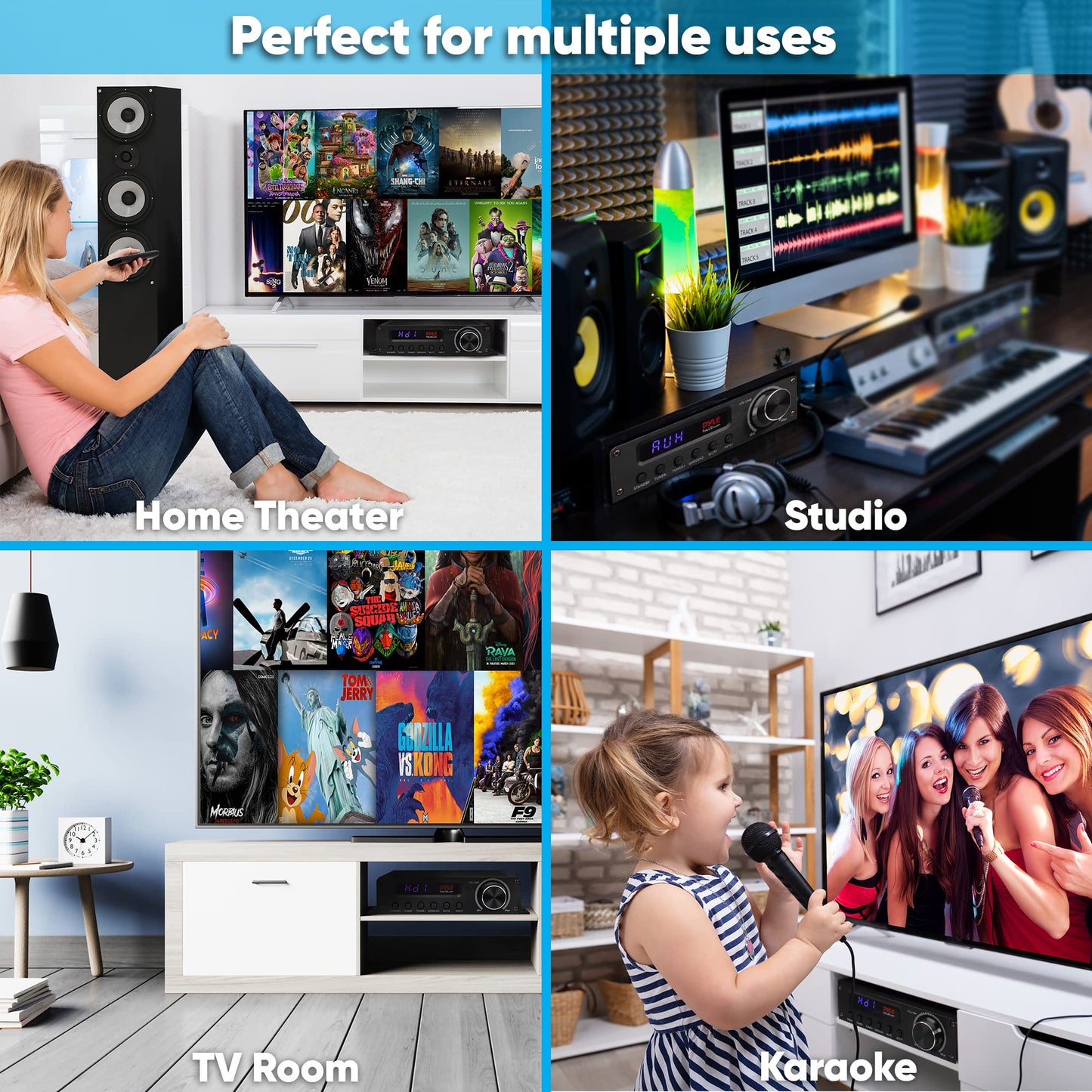 Pyle Wireless Bluetooth Home Audio Amplifier - 100W 5.1 Channel Home Theater Power Stereo Receiver, Surround Sound w/ HDMI, AUX, FM Antenna, Subwoofer Speaker Input, 12V Adapter, Black - PFA560BT