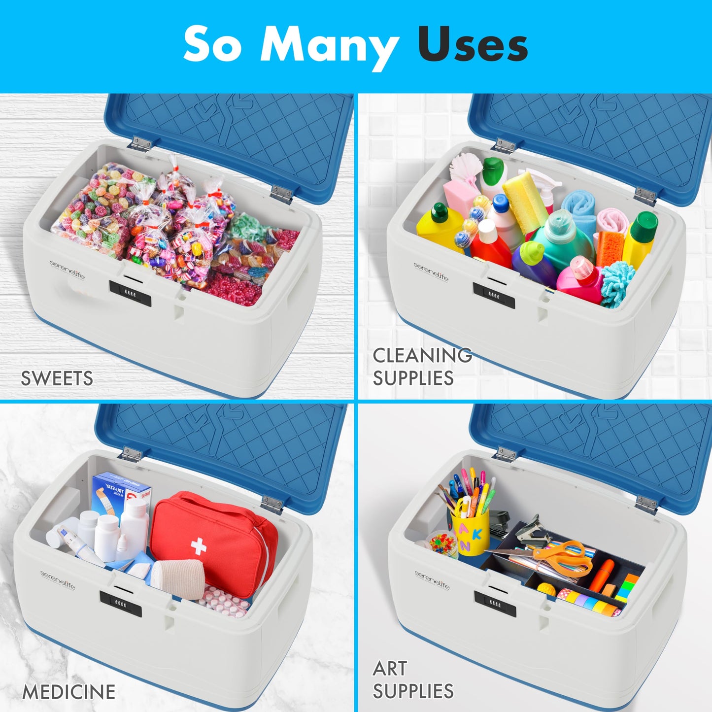 SereneLife Locking Storage Container Bin - 8 Gallon Large Capacity - Stackable Storage Tote Deck Tough Box - Durable Plastic Household Organizer Bins with Lid, Combination Lock Security - SLSBIN10