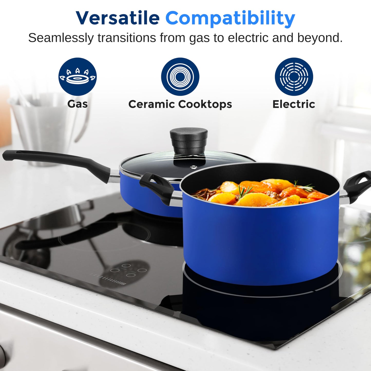 SereneLife Kitchenware Pots & Pans Basic Kitchen Cookware, Black Non-Stick Coating Inside, Heat Resistant Lacquer (11-Piece Set), One Size, Blue