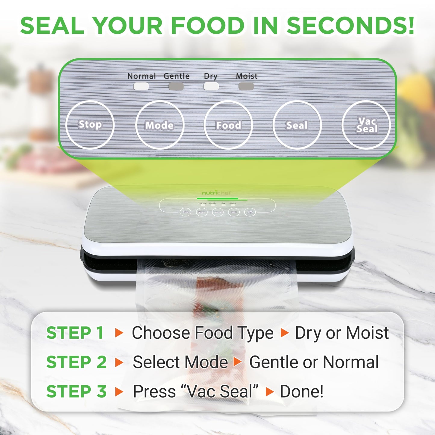 NutriChef Food Vacuum Sealer Machine - Automatic Air Sealing System for Dry & Moist Foods, LED Touch Controls, Includes Vacuum Bags, Hose & Wine Stopper, High Suction Power, 14"x6"x3", Silver