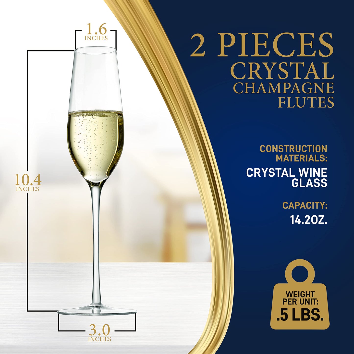 NutriChef Kitchen 9 Ounce Champagne Flutes Set of 2, Hand Blown, Crystal Clear Champagne Glasses for Parties, Weddings Party, New Year, Christmas and Toasting
