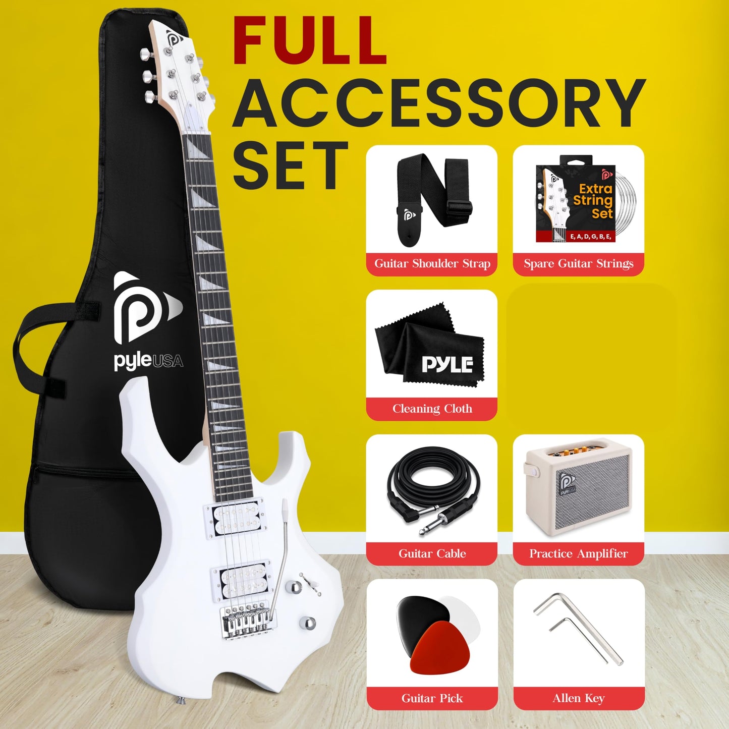 Pyle Heavy Metal EG Fire Electric Guitar Axe w/ Amplifier Kit, Full Size Instrument w/ Practice Amp & Accessories, White Matte