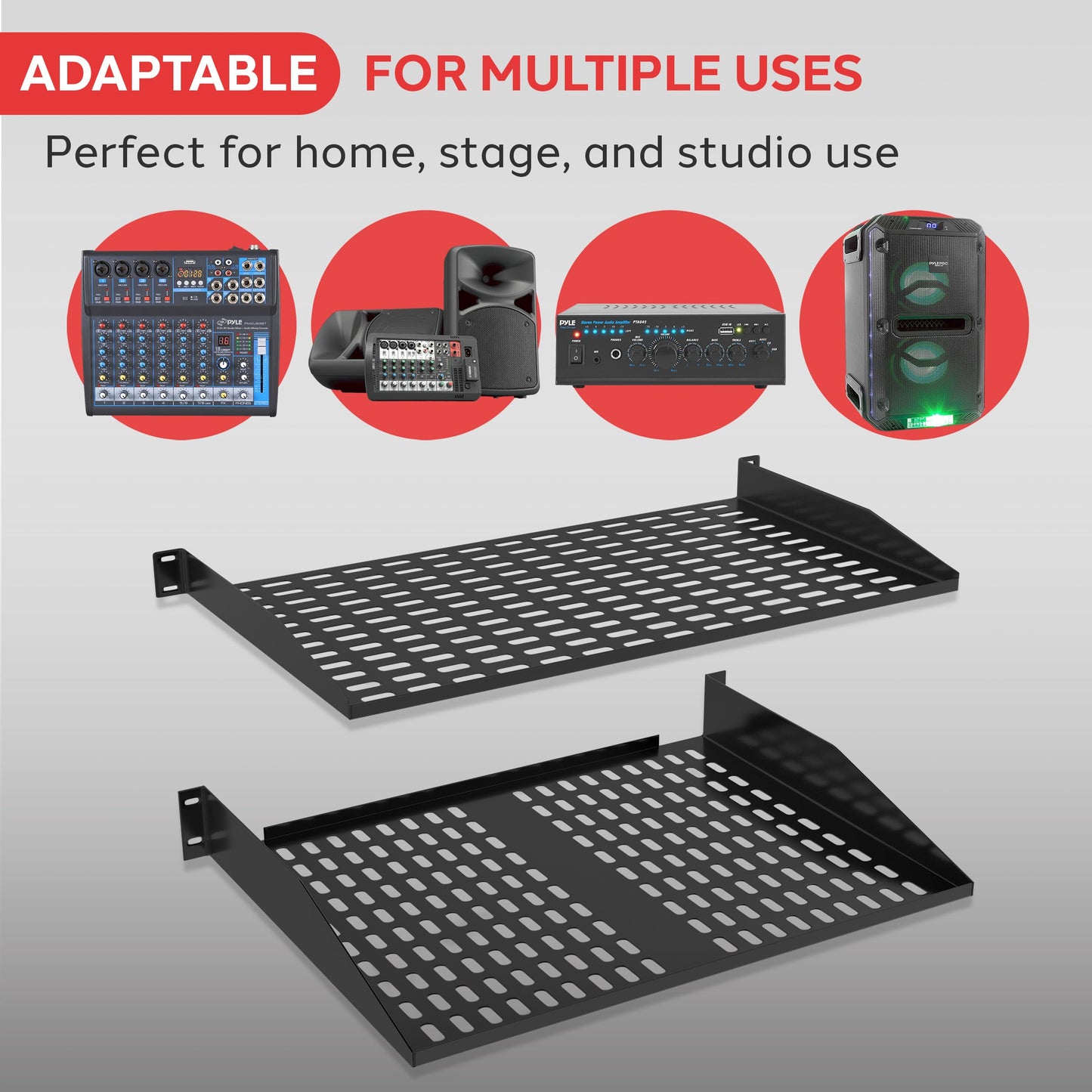 Pyle 19-Inch 1U+2U Server Rack Shelves - Universal Mounting Tray for Computer Racks & Cabinets, Wall Mount Compatible, Ventilated Design for Air Circulation, Black Computer Case,110lbs Weight Capacity