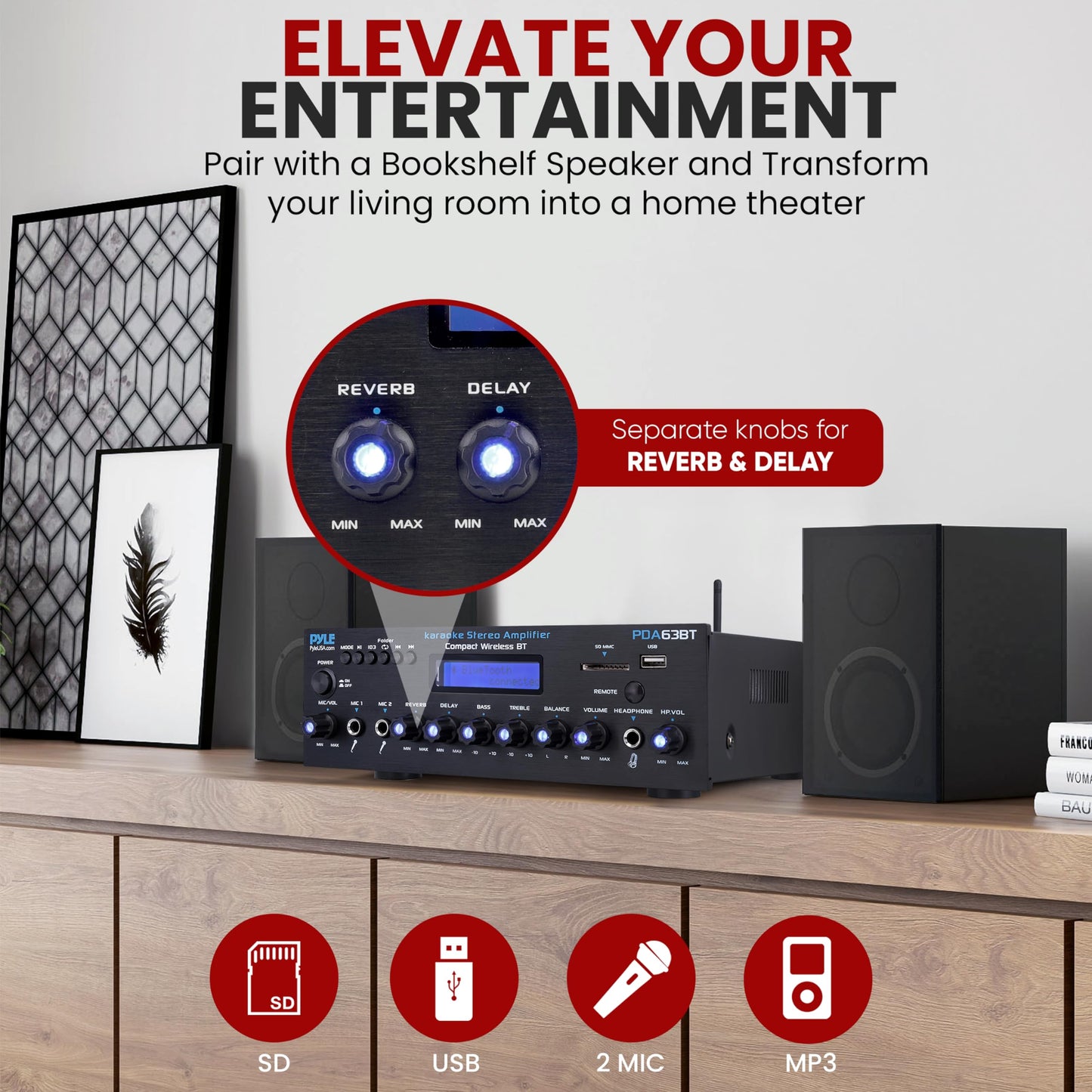 Pyle Wireless BT Stereo Amplifier - Multi Channel, 200 Watt Power, Home Audio Receiver System with FM Radio, BT, USB SD, AUX, RCA, Mic-in, BT and FM Antenna - PDA63BT