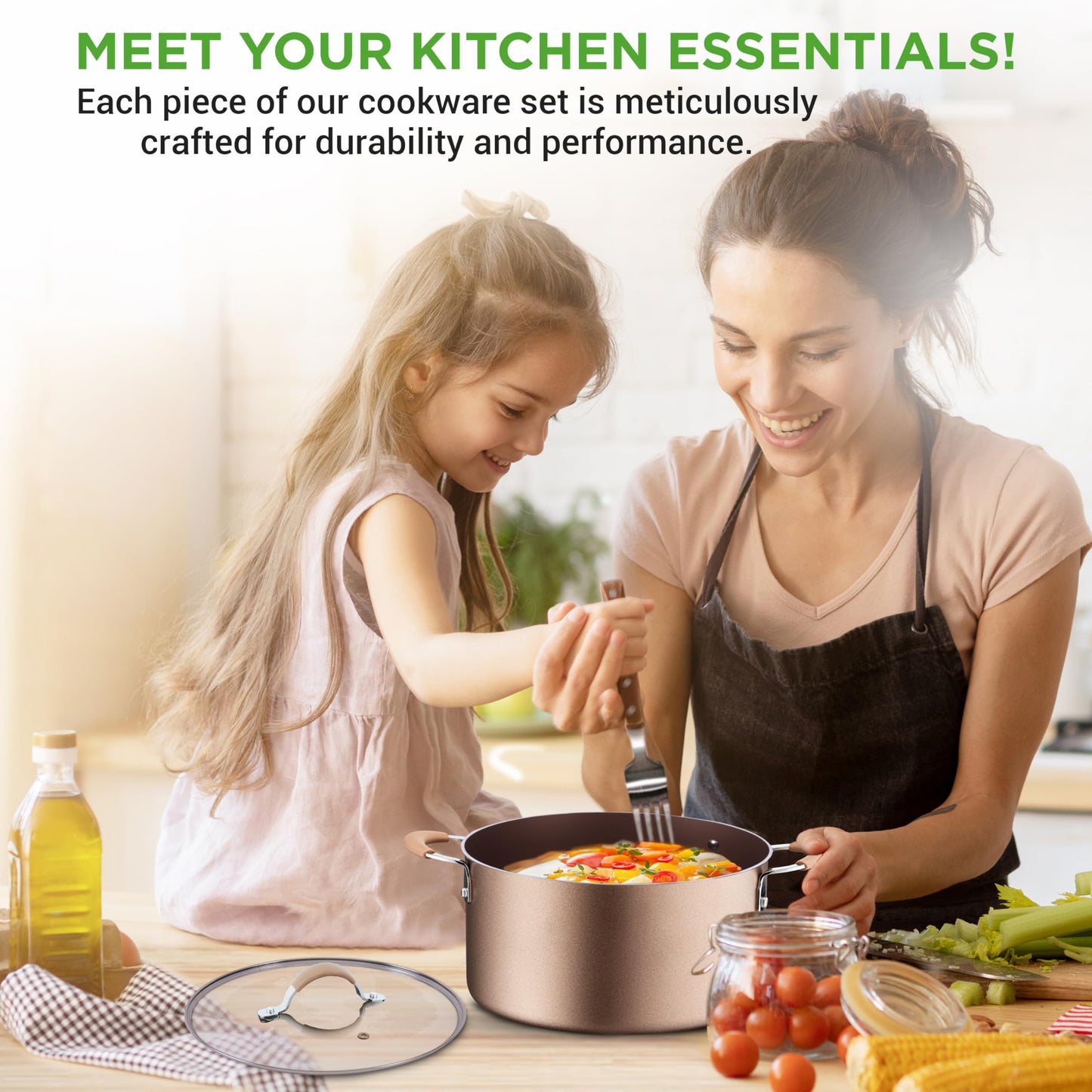 NutriChef 14-Piece Nonstick Cookware PFOA/PFOS-Free Heat Resistant Lacquer Kitchen Ware Set w/Saucepan, Frying Pans, Cooking, Dutch Oven Pot, Lids, Utensils, NCCW14S, Shiny Golden
