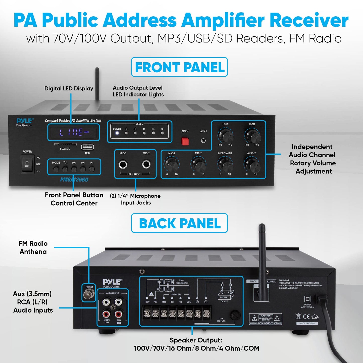 Pyle Wireless Bluetooth Public Address Amplifier - 500W Compact Mini Digital Home Power Audio Sound PA Receiver System w/ 70V 100V Output, Mic Input, Radio, USB, Remote For 4-16ohm Speaker- PMSA126BU