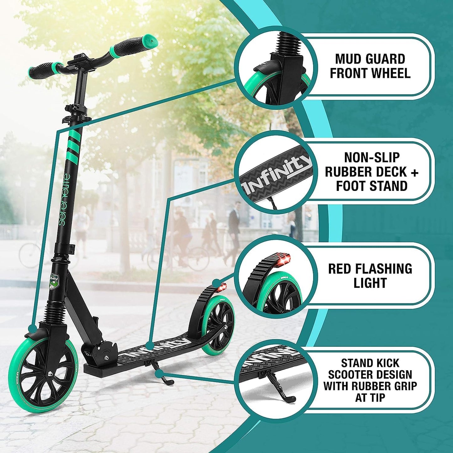 SereneLife Kick Scooter for Adults, Teenagers and Kids - 2 Wheel Scooter With Adjustable T-Bar Handlebar - Alloy Anti-Slip Deck - Portable Folding With Carrying Strap - Aqua