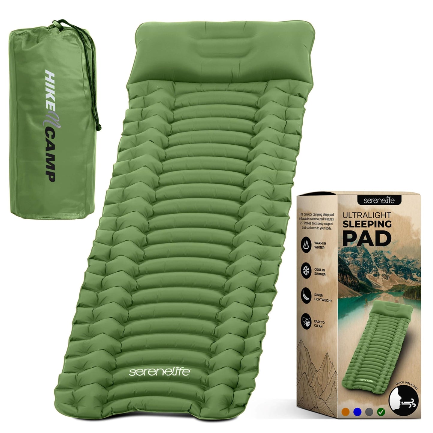 SereneLife Sleeping Pad with Pillow for Camping - Compact Sleeping Mat with Fast Inflation, Lightweight, and Tear-Resistant Backpacking Air Mattress with Carry Bag for Camping, Backpacking, Hiking
