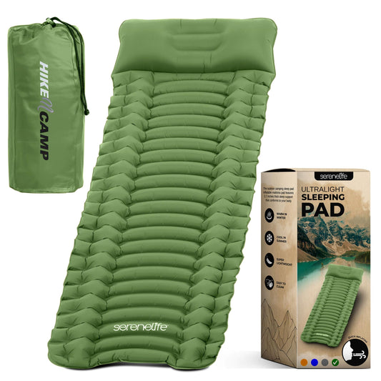 SereneLife Sleeping Pad with Pillow for Camping - Compact Sleeping Mat with Fast Inflation, Lightweight, and Tear-Resistant Backpacking Air Mattress with Carry Bag for Camping, Backpacking, Hiking