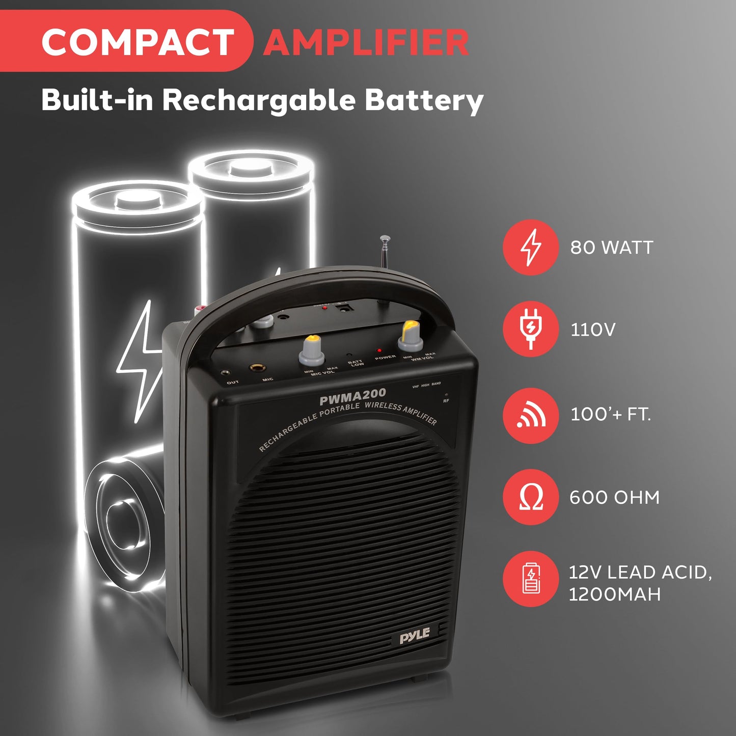Pyle Portable PA Speaker & Microphone System - FM Stereo Radio, Built-in Rechargeable Battery, Aux & Microphone Inputs, Includes Beltpack, Hand-held Headset & Lavalier Mics - Black