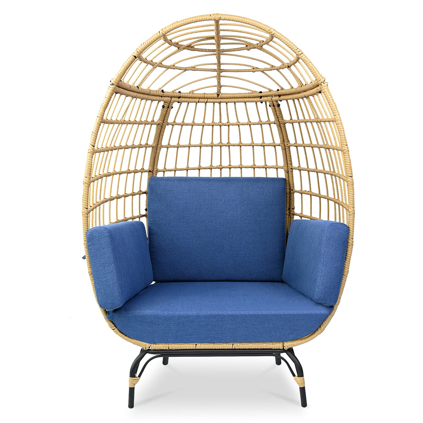Jovial Wicker Rattan Egg Chair,Indoor Outdoor Blue Sofa Chair for Patio Backyard and Living Room with 4 Cushions and Powder Coated Steel Frame,Woven Texture Contemporary Ribbed Back Design