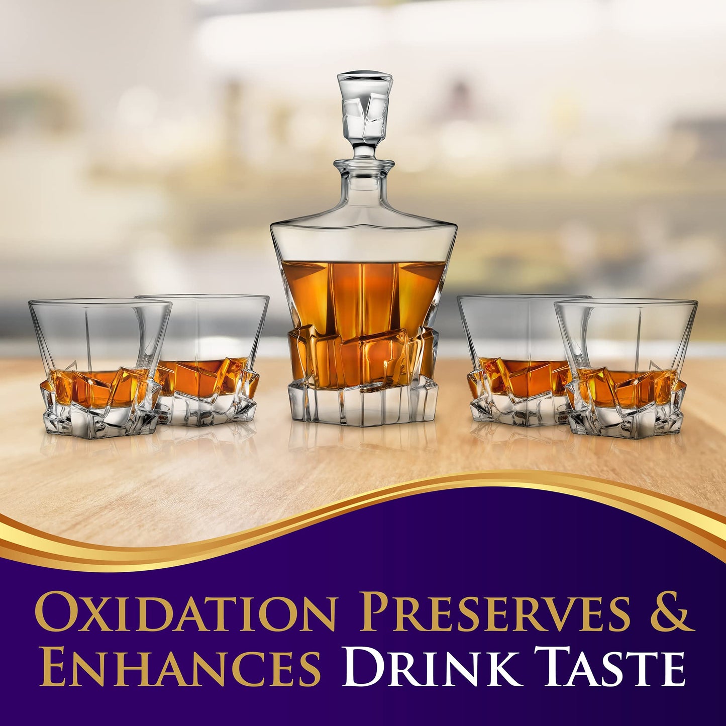 NutriChef Home Bar Whiskey Decanter Set, Glass Decanter with Four 800ml Whiskey Glasses, Elegantly Styled with Real Crystal for Maximum Flavor and Shelf Life, Naturally Aerates, Dishwasher Safe