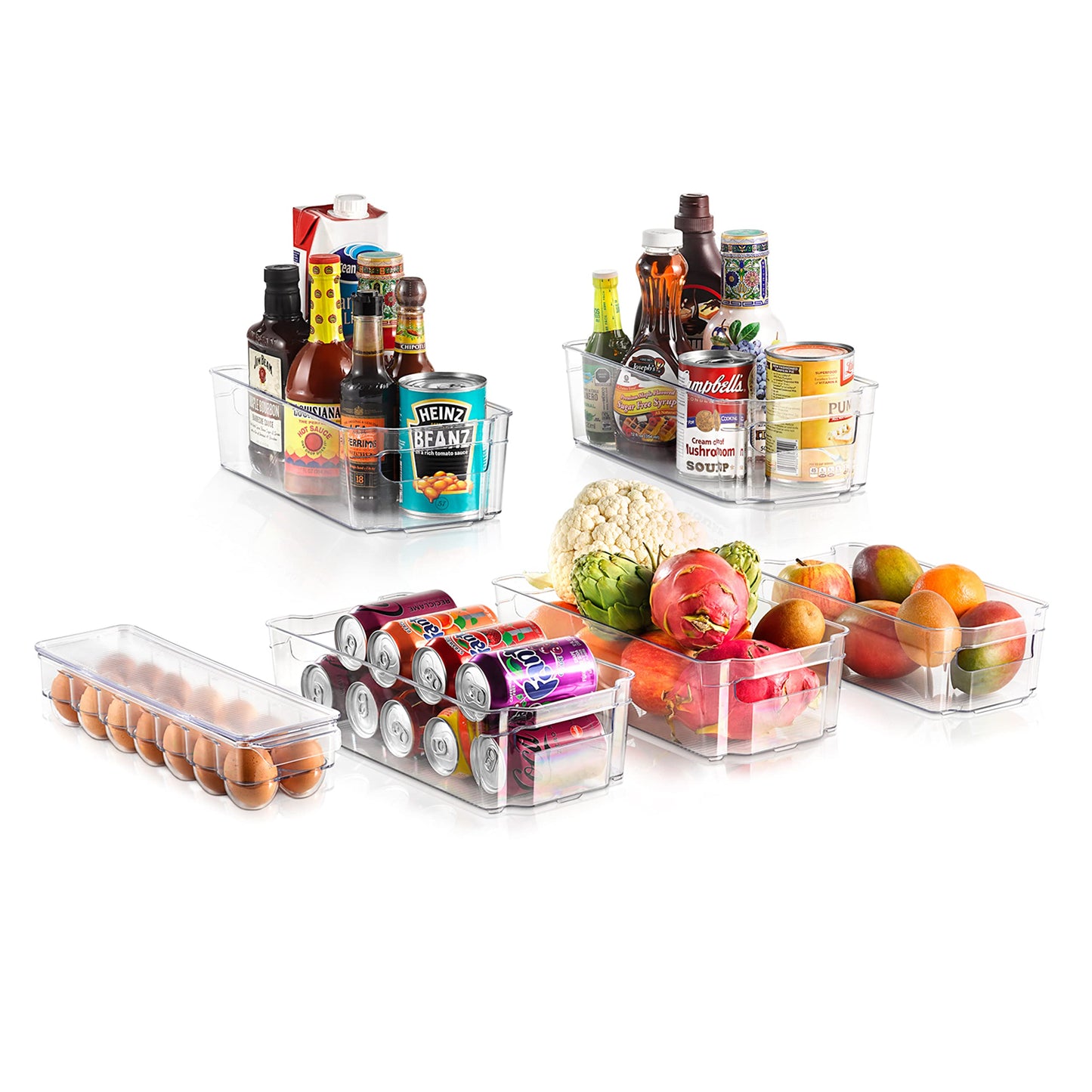 NutriChef 6-Piece Clear Refrigerator Organizer Set – 5 Wide Bins & 1 Egg Holder, BPA-Free, for Fridge, Freezer, Pantry, Cabinets & Countertops