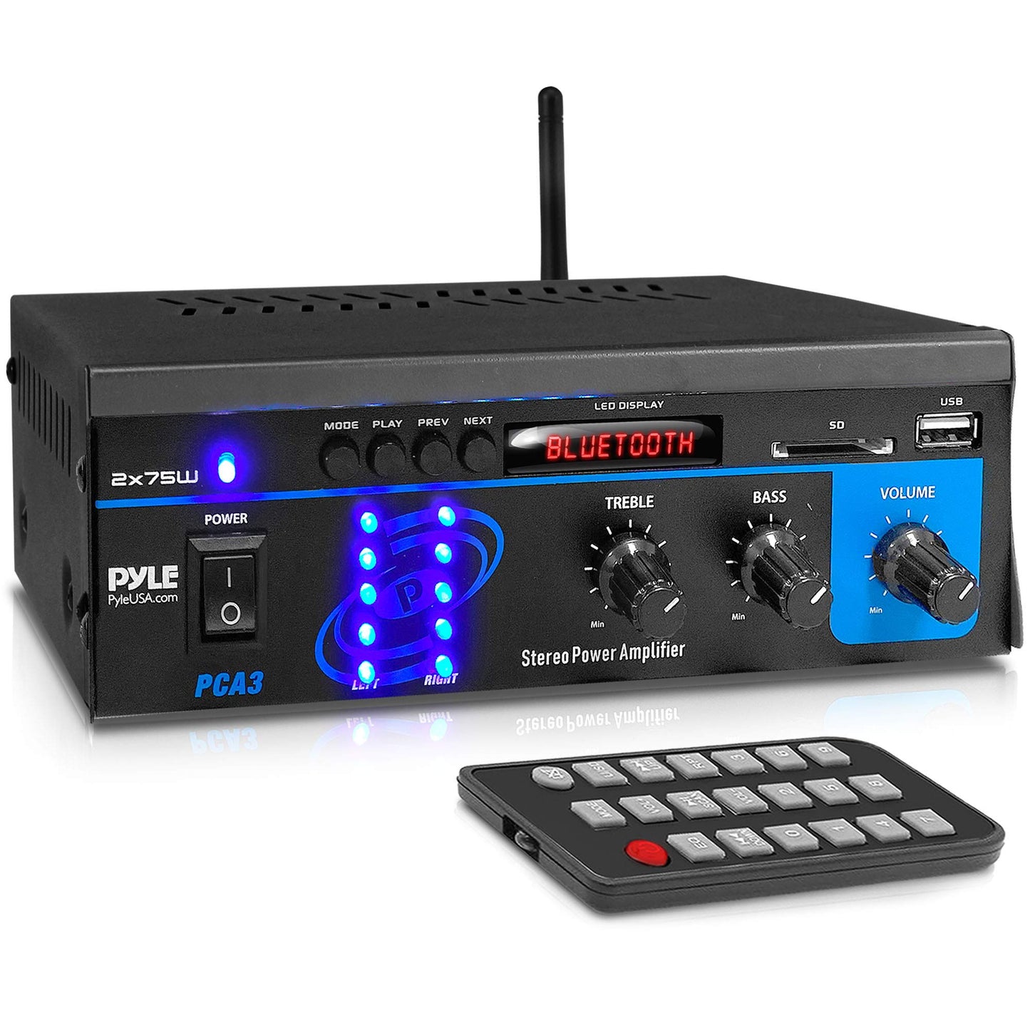 Pyle Home Audio Power Amplifier System – 2X75W Mini Dual Channel Bluetooth Stereo Receiver Box with LED – Amplified Speakers, CD Player, Theater via 3.5mm RCA – For Studio, Home Use
