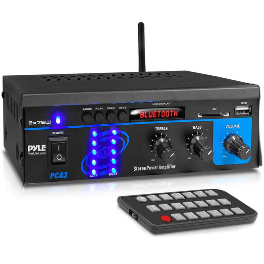Pyle Home Audio Power Amplifier System – 2X75W Mini Dual Channel Bluetooth Stereo Receiver Box with LED – Amplified Speakers, CD Player, Theater via 3.5mm RCA – For Studio, Home Use