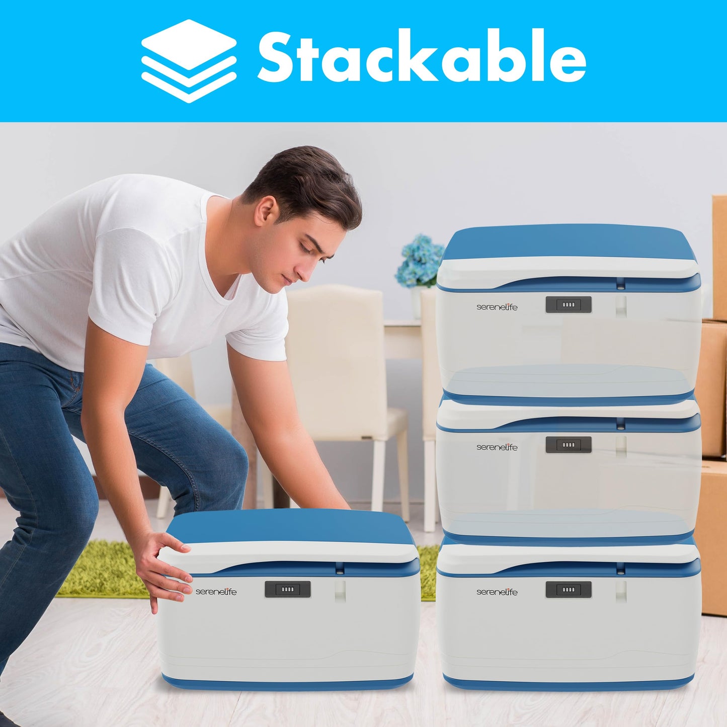SereneLife Locking Storage Container Bin - 8 Gallon Large Capacity - Stackable Storage Tote Deck Tough Box - Durable Plastic Household Organizer Bins with Lid, Combination Lock Security - SLSBIN10