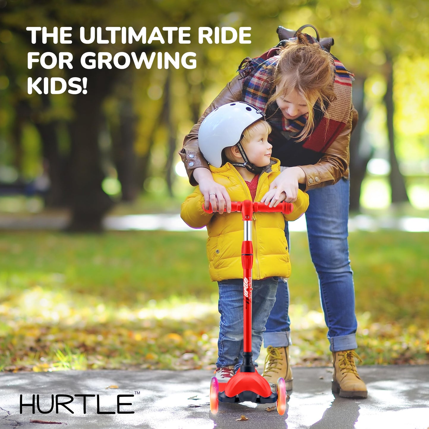 Hurtle Mini Kickboard Scooter for Kids - Height Adjustable 25''-28'', Lightweight 3-Wheel with LED Light-up Wheels, Anti-Slip,Indoor/Outdoor Fun, Micro Scooters for Ages 2-5 (Red)