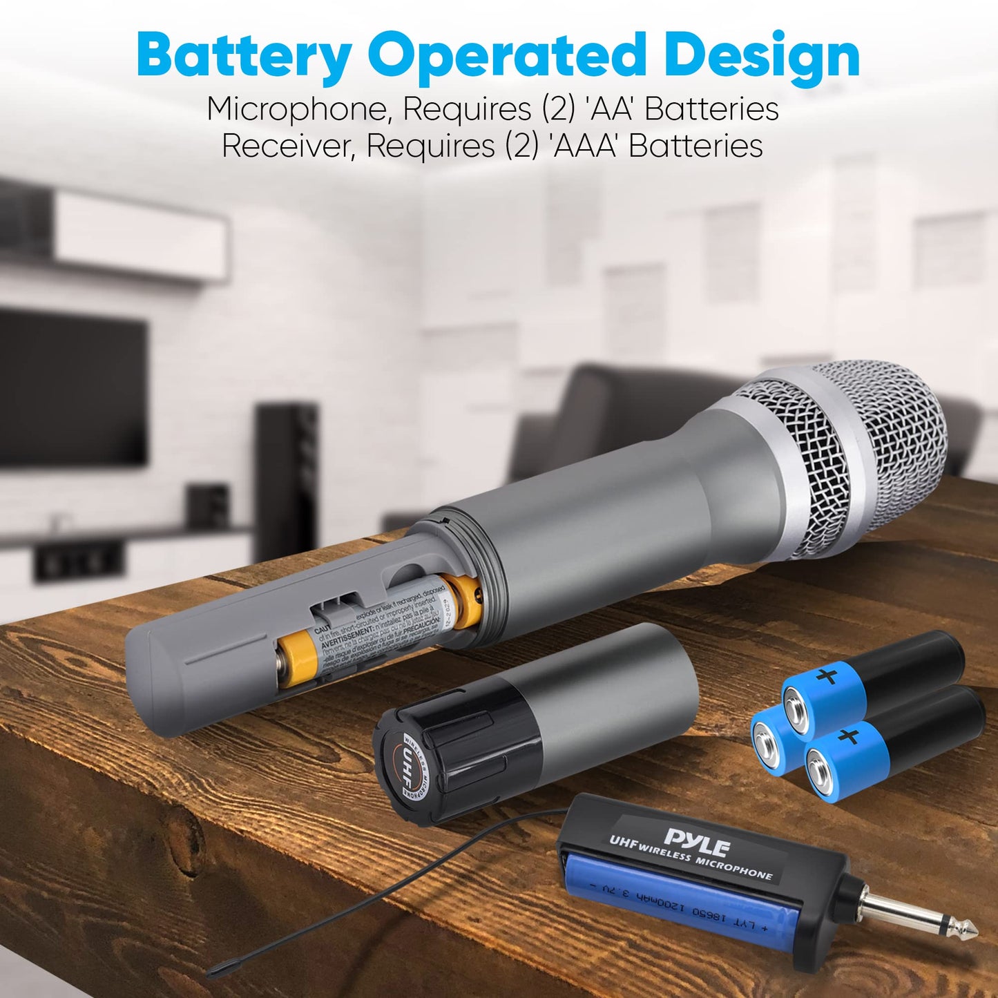 Pyle UHF Wireless Microphone System Kit - Dual Professional Battery Operated Handheld Dynamic Unidirectional Cordless Microphone Transmitter Set w/Adapter Receiver - PA Karaoke DJ Party PDWMU214,Black
