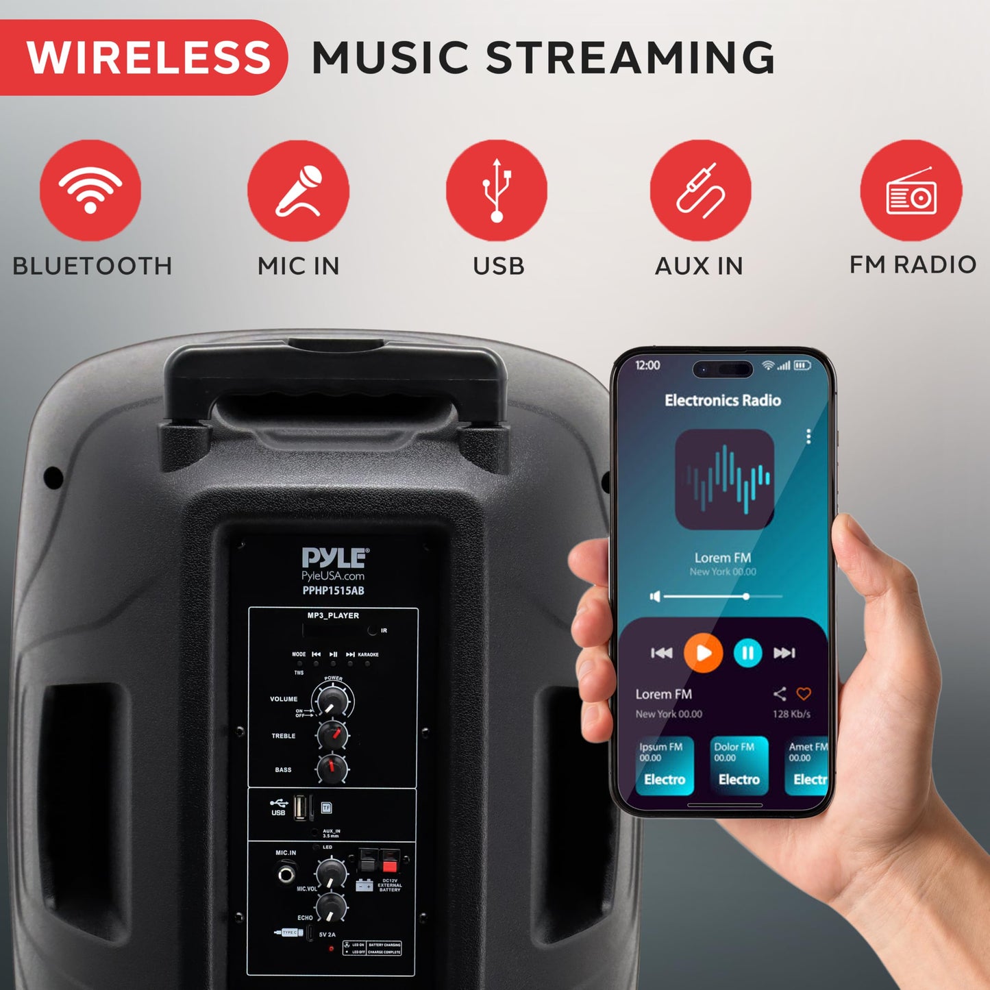 Pyle Portable Speaker - 15” 80 Watts Max Power Output Loudspeaker PA System w/ LED Light, Handles, Wheels, & Remote Control, Built-in Digital Amp and Rechargeable Battery