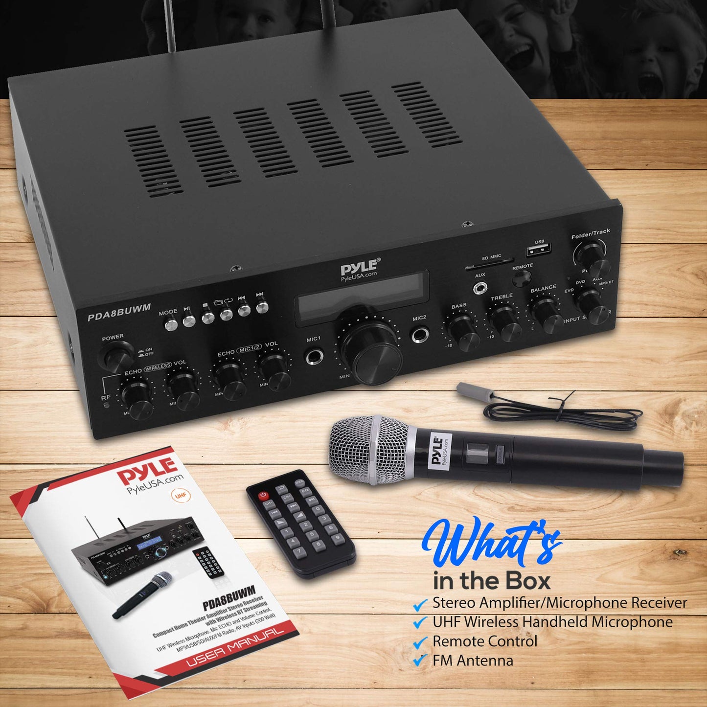 Pyle Wireless Microphone Bluetooth Amplifier-200W Peak Power Dual Channel Stereo Audio Receiver w/USB,AUX in, Dual Mic Inputs w/Echo Control,RCA Input, For Karaoke,Home Theater,Music Studio- PDA8BUWM