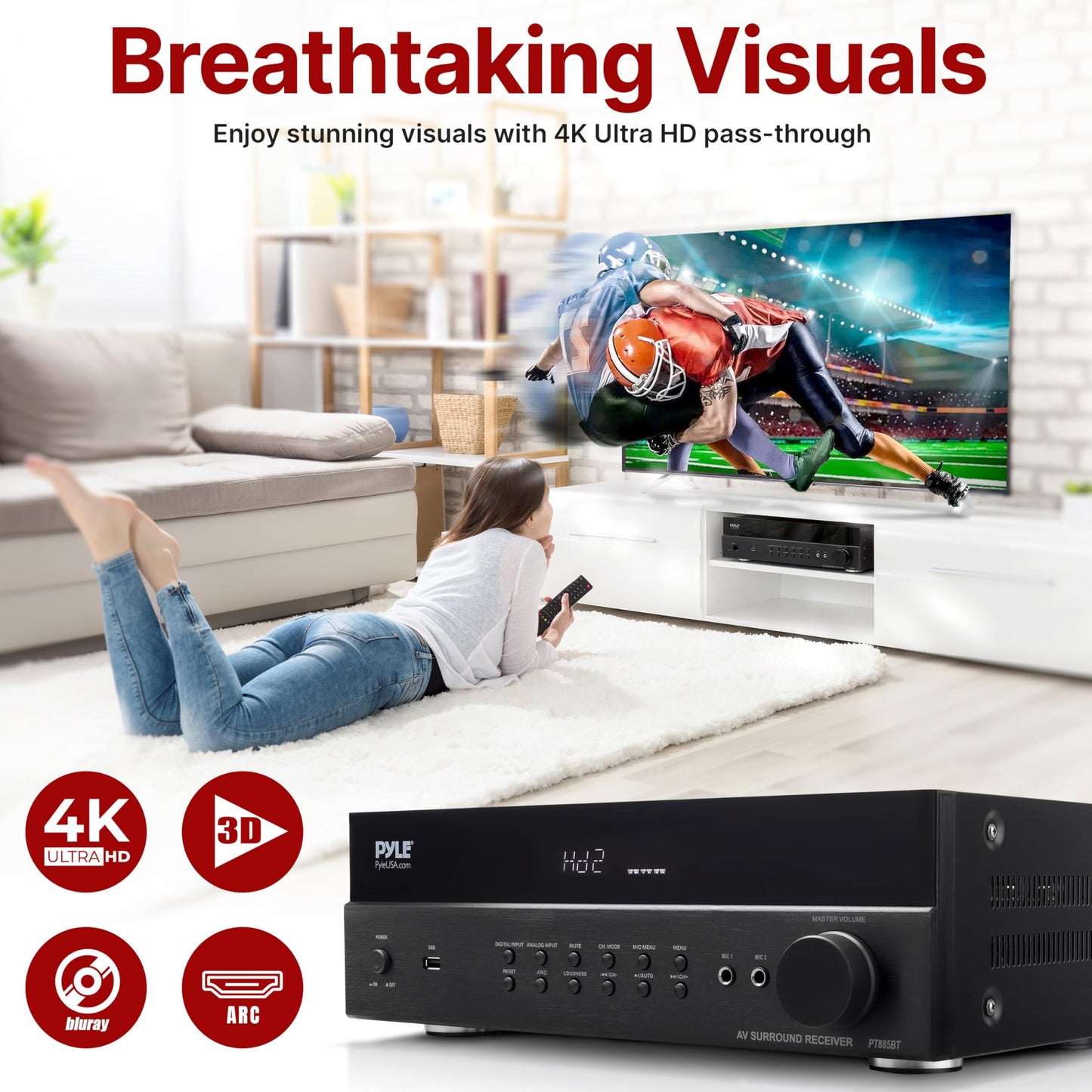 Pyle Hi-Fi Wireless Bluetooth 5.0 Home Theater Receiver - 7.2 Channel Surround Sound Stereo Amp with ARC Support - MP3/USB/DAC/FM Radio - 1200W PMPO - HDMI - Remote Control - for Home Audio - PT885BT