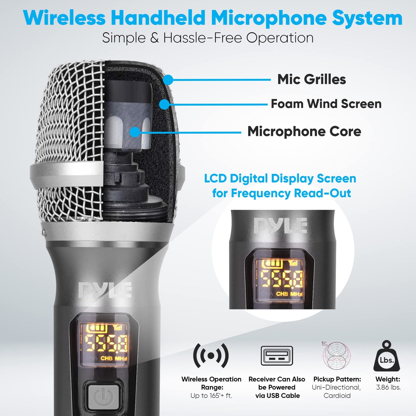 Pyle UHF Wireless Microphone System Kit - Dual Professional Battery Operated Handheld Dynamic Unidirectional Cordless Microphone Transmitter Set w/Adapter Receiver - PA Karaoke DJ Party PDWMU214,Black