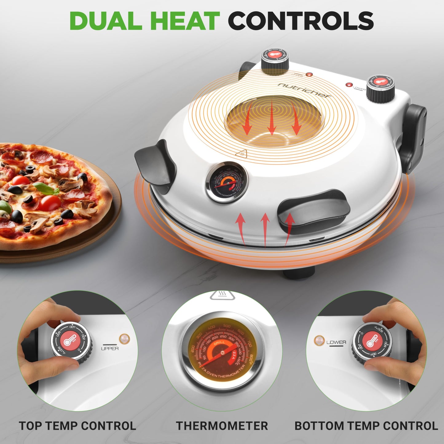 NutriChef Electric Pizza Oven | 12 Inch Countertop Pizza Maker with Temperature Control & Thermometer | Viewing Window for Precise Cooking | Heats up to 800F | Easy to Clean Non-Stick Stone | White