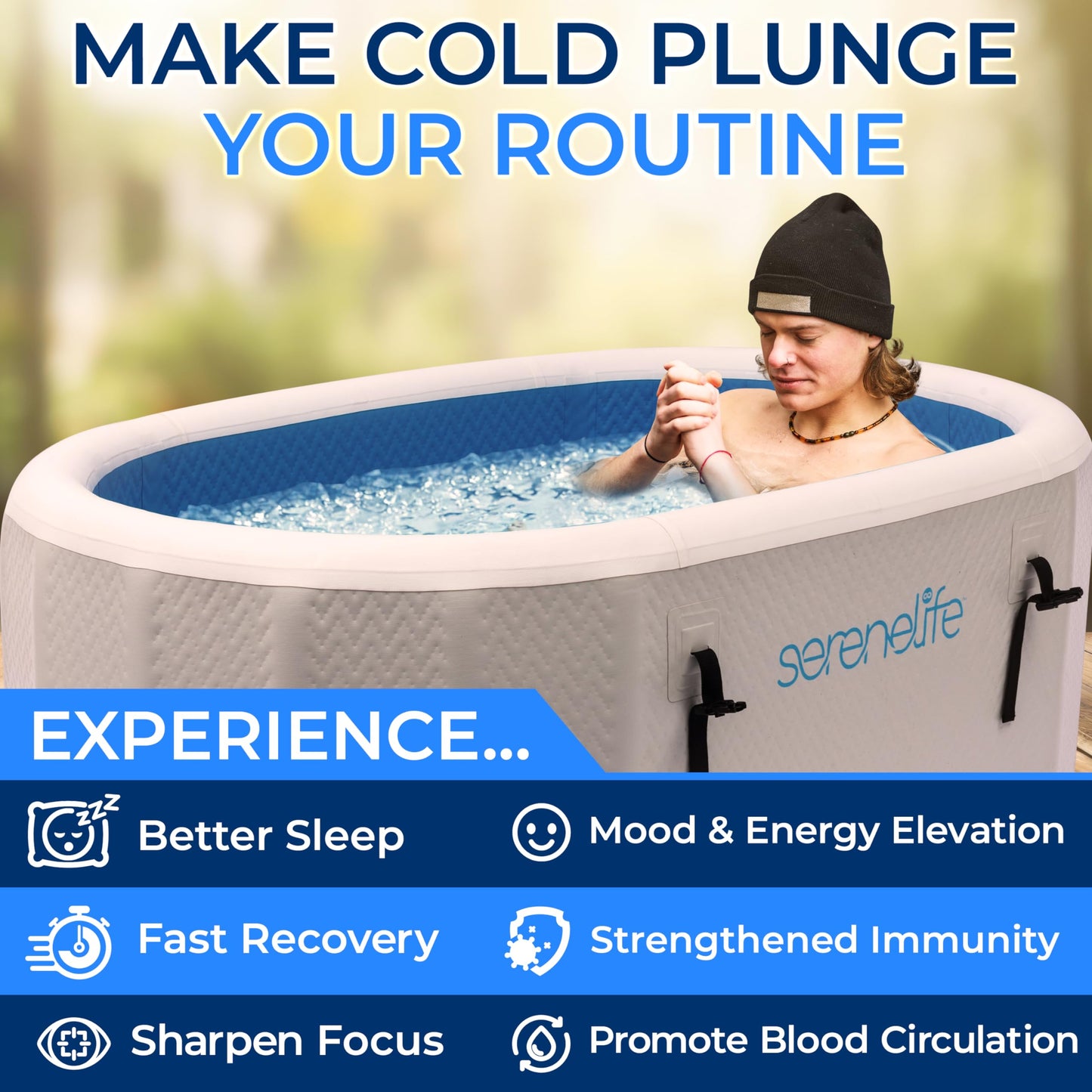 SereneLife Inflatable Cold Plunge Tub Ice Bath, 105 Gal One Person Ice Bath Tub with Lid, Drop Stitch PVC, Double Layer Seals, Heavy Duty Cold Plunge Therapy Recovery Pod for Athletes