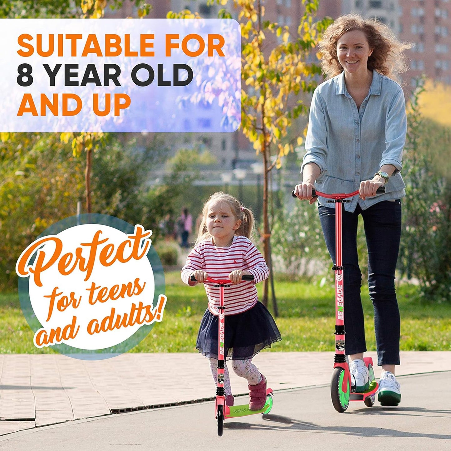Hurtle Teenager Kick Scooter - 2 Wheel with Adjustable T-Bar Handlebar - Folding Adult with Alloy Anti-Slip Deck - 8" Smooth Gliding Wheels, Watermelon