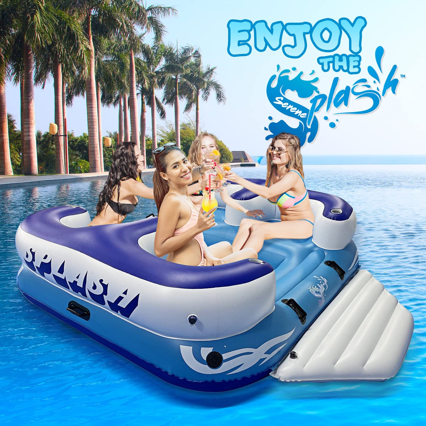 SereneLifeHome Inflatable 4- Person Floating Island Raft, Party Island Raft w/ 4 drink holders, Use for Lounging on Lake, Beach River or Pool