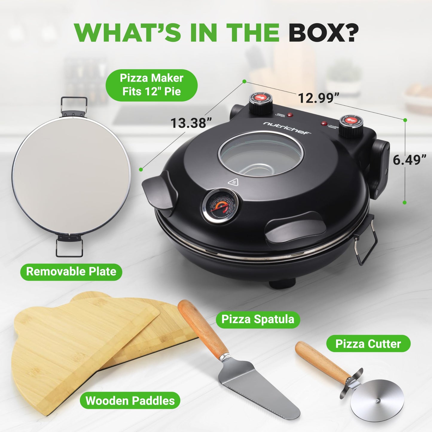 NutriChef Electric Pizza Oven | 12 Inch Countertop Pizza Maker with Temperature Control & Thermometer | Viewing Window for Precise Cooking | Heats up to 800F | Easy to Clean Non-Stick Stone | Black
