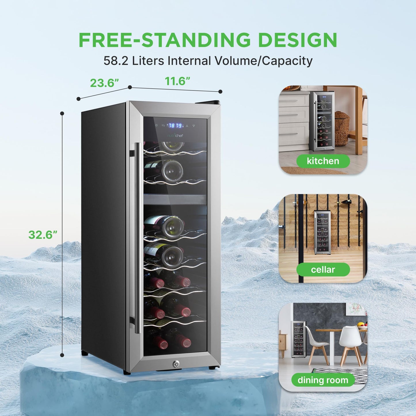 Nutrichef 18 Bottle Wine Fridge | Dual Zone Wine Chiller | Adjustable Temperature 41°F to 64°F | Ultra Quiet Operation | Wine Cooler For Home & Office | Free Standing 32x11x23 IN | Black