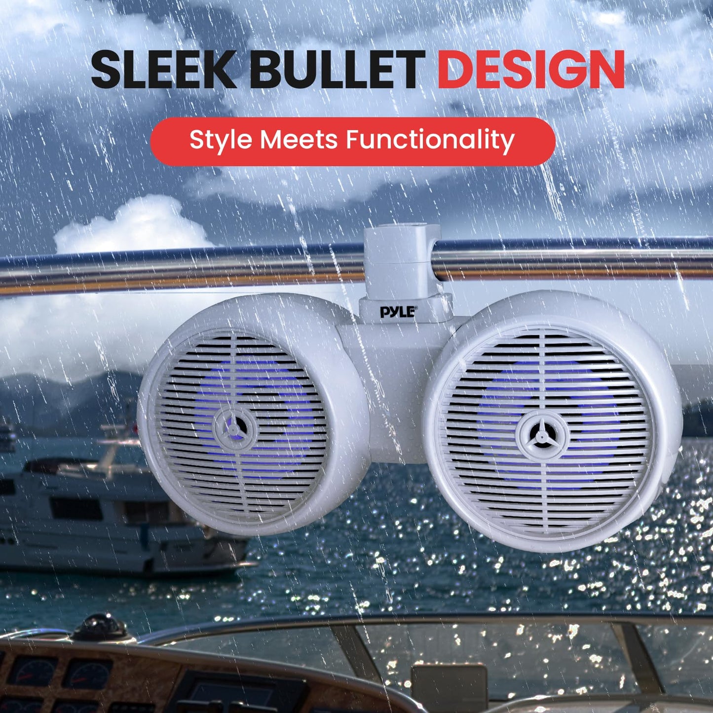 Pyle Dual Waterproof Off-Road Speakers - 8" 300W 2-Way Marine Wakeboard Tower Sound System w/LED Light, Full Range Outdoor Stereo Speaker for Car, ATV, UTV, Jeep, Boat, Includes Brackets (White)