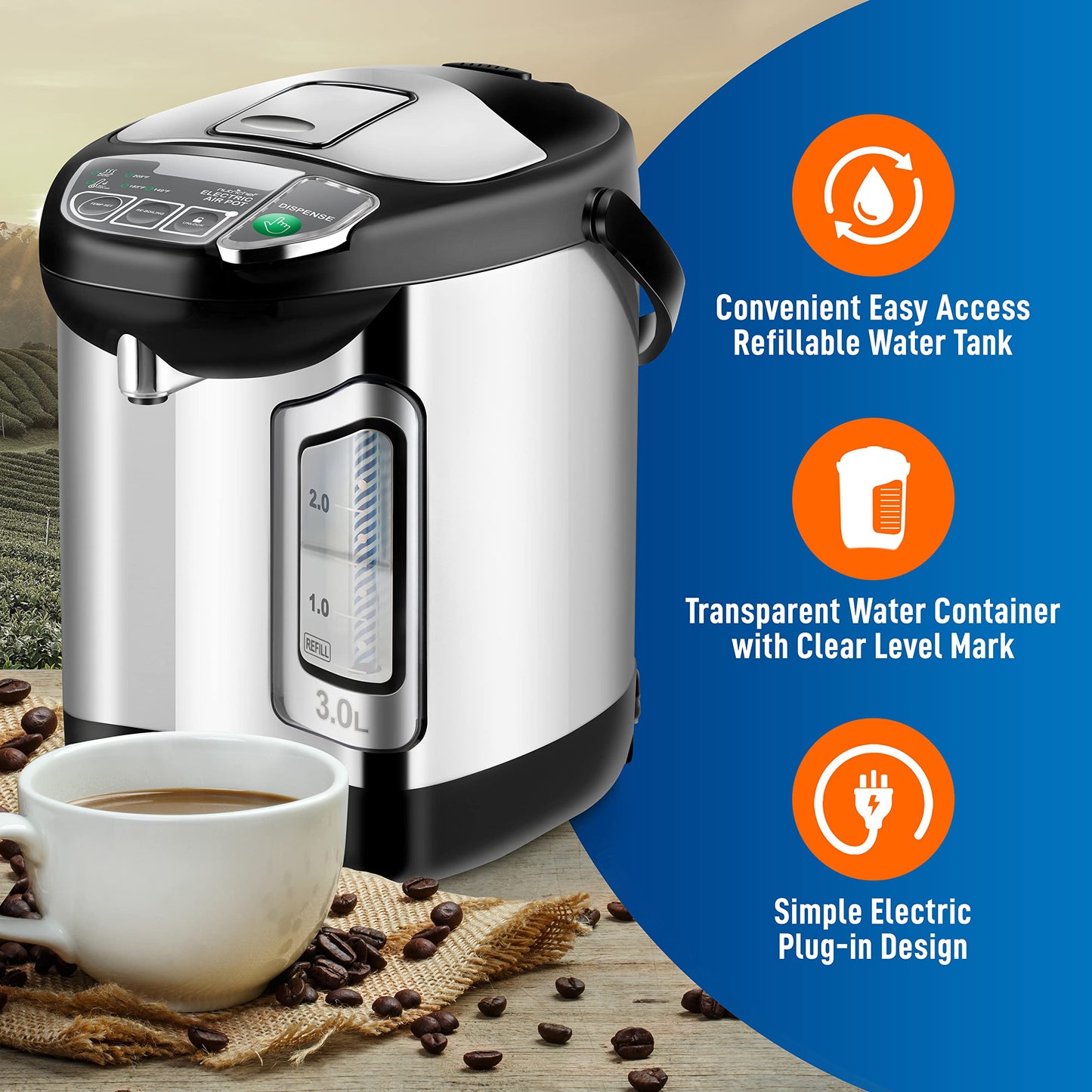 NutriChef Electric Water Boiler and Warmer - 3L/3.17 Qt Stainless Steel Electric Hot Water Dispenser w/Rotating Base, Auto Shut Off, Safety Lock, Instant Heating for Coffee & Tea (NCHUB13)