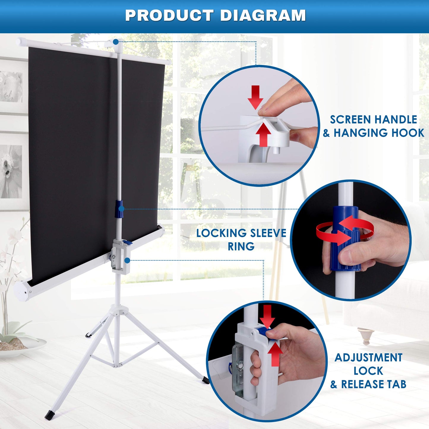 Pyle 40-Inch Portable Projector Screen with Tripod Stand - Lightweight and Durable Movie Projector Screen, Easy Pull Setup, 4:3 Aspect Ratio, Perfect for Indoor/Outdoor Use, Schools & Conferences