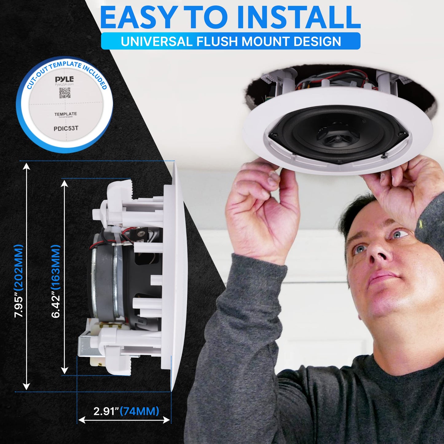 Pyle Ceiling and Wall Mount Speaker -5.25” 2-Way 70V Audio Stereo Sound Subwoofer Sound with Dome Tweeter, 300 Watts,In-Wall & In-Ceiling Flush Design for Home Surround System - Pyle PDIC53T (White)