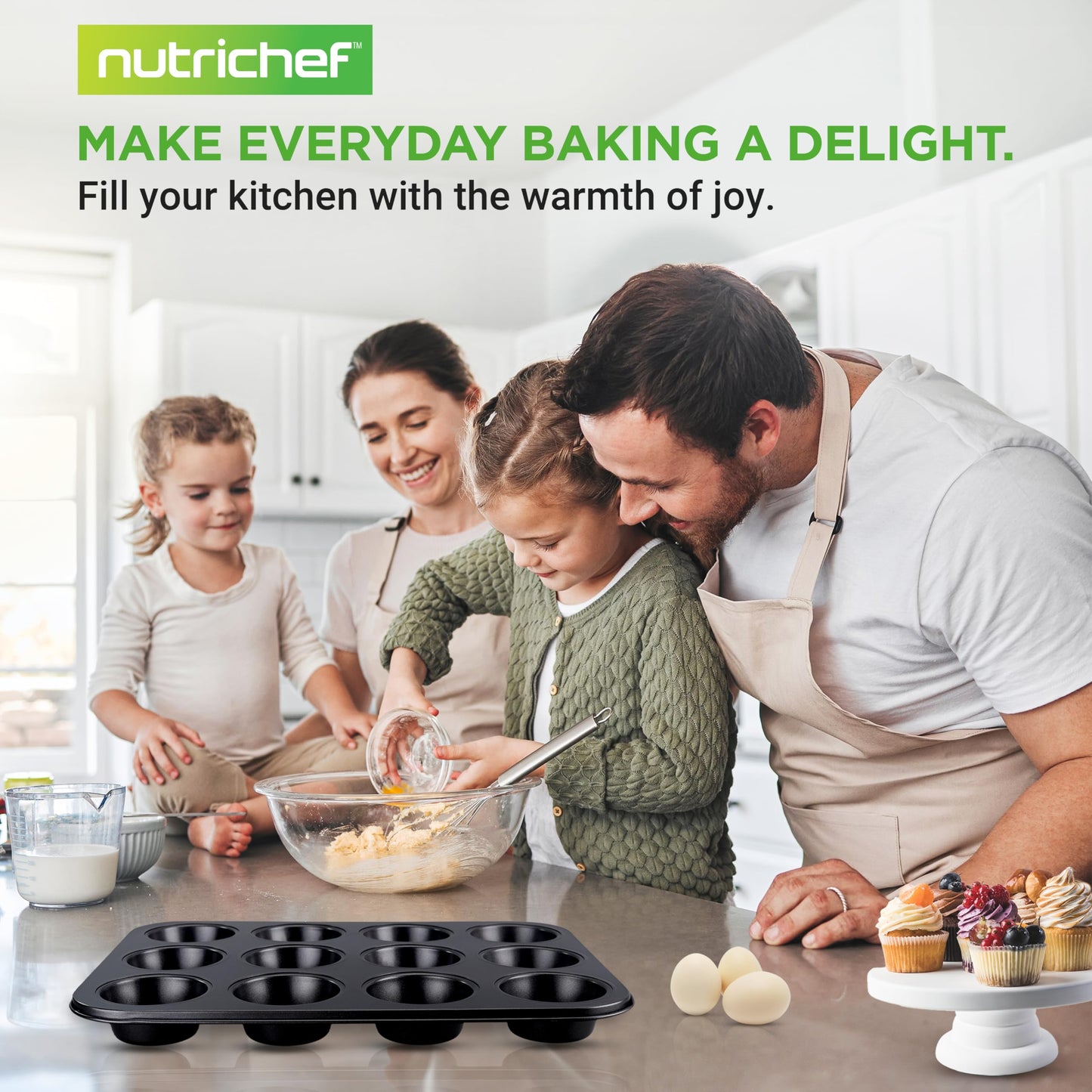 NutriChef 12-cup Black Oven Muffin Pan, Non-Stick Coated Layer Surface, Even Heating Muffin Tray for Muffins, Cupcakes, Pastries & Mini Pies, Used for Model Number NCBK6BK