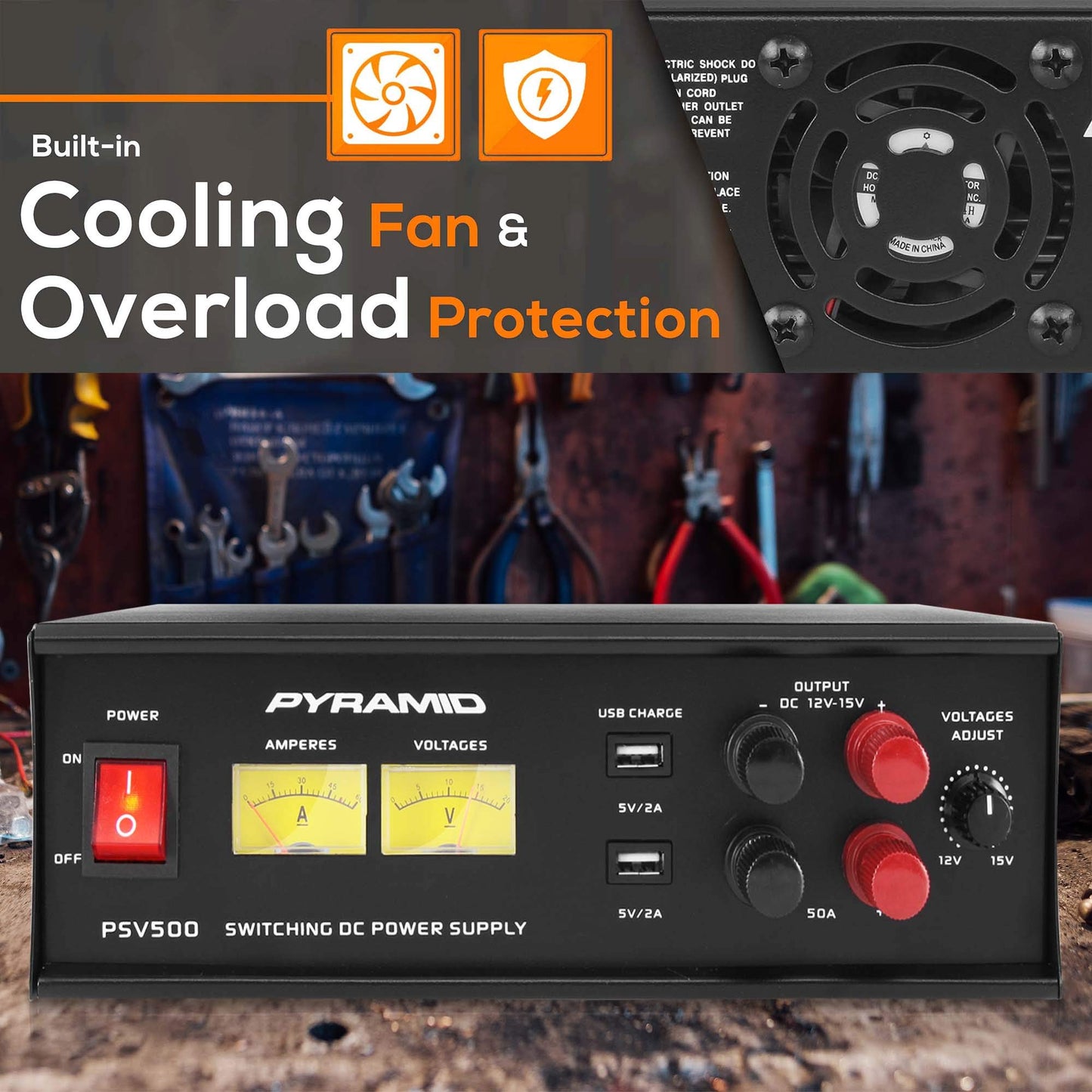 Pyramid PSV500 Universal Compact 50 Amp Adjustable 12 to 15 Volts Output Home Bench Power Converter Supply, with 2 USB Ports and Overload Protection