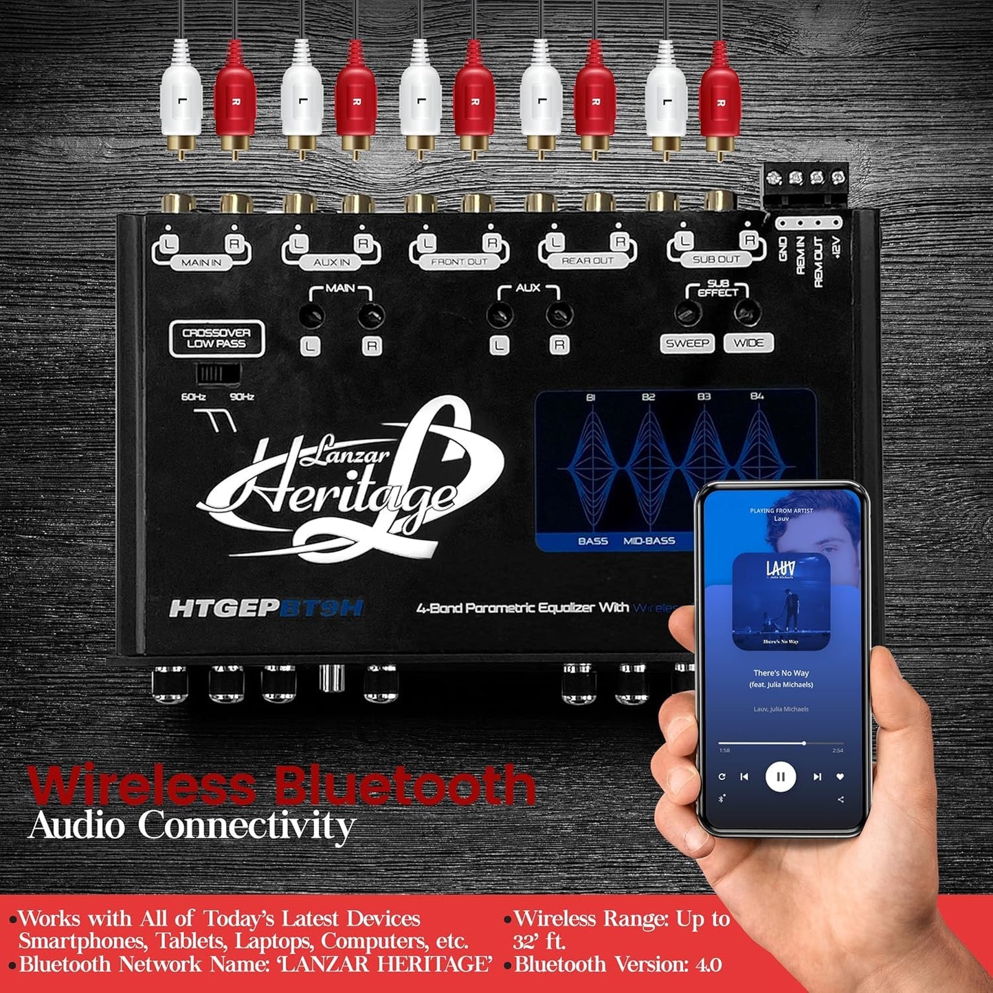 Lanzar 4 Band Parametric Equalizer - Bluetooth Wireless Audio Connectivity, Blue Light Illumination, Works with All of Today’s Latest Devices, 3.5mm AUX Input Jack, Input Gain Adjustments