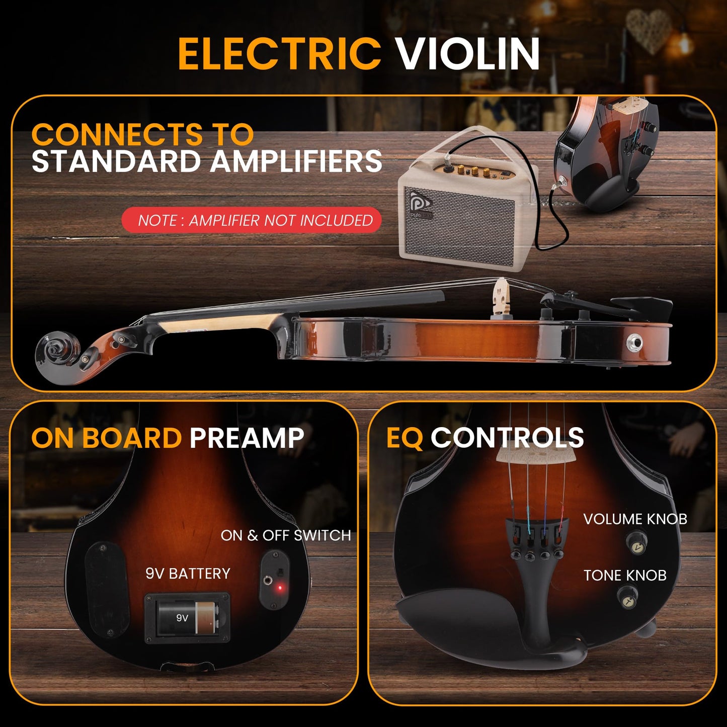 Pyle Full Size Electric Violin Kit - 4/4 Solid Wood Silent Fiddle with Hard Case, Bow, Ebony Fittings, and Digital Tuner